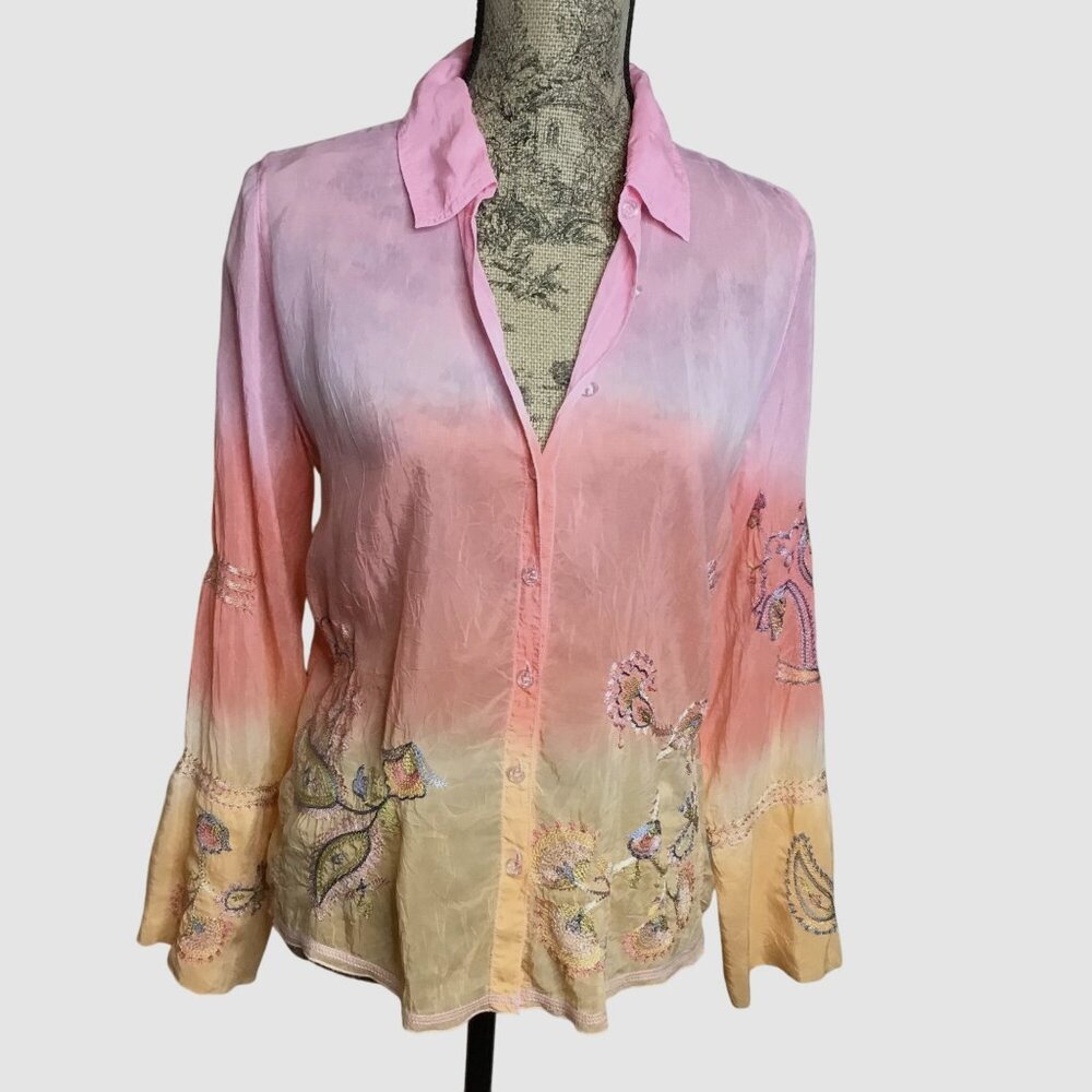 JOHNNY WAS Ombre Embroidered Blouse S/M Boho Luxe Artisanal Floral Festival Top
